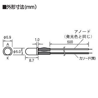 コード付高輝度LED（赤色・5mm） [ LK-5RD-C50 ]